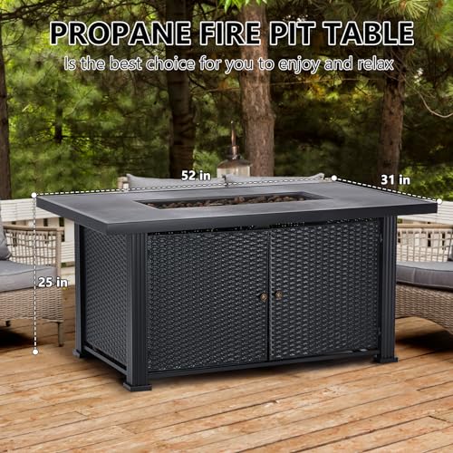 52"x31" Propane Fire Pit Table, 50000BTU Rectangle Fire Table with Cover & Rain Cover, Sturdy Steel and Iron Fence Surface, CSA Safety Certified, Companion for Your Garden