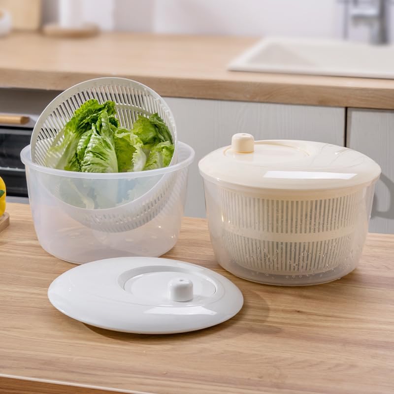 Juxkov 野菜水切り器 サラダスピナー 野菜脱水器家庭用サラダ水切り神器大サイズ二重洗い野菜水切りかご (ホワイト 5L)