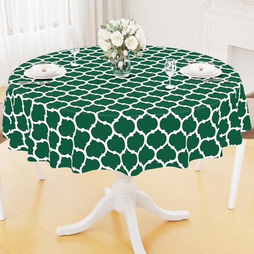 Image of Smiry Round Table Cloth, Flannel Backed Vinyl Tablecloth, 60 inch Round | Waterproof Plastic Tablecloths, Wipeable Table Cover for Dining, Indoor and Outdoor (Emerald Green)