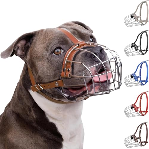 BronzeDog Muselière pour Chien en métal Amstaff Panier en Fil de Fer Sangles réglables en Cuir pour Grands Chiens