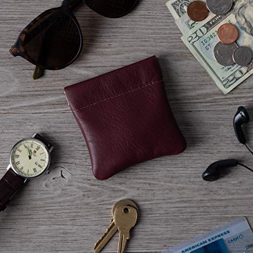 Image of Classic Leather Squeeze Coin Purse change Holder For Men, Pouch size 3.5 in X 3.25 in. high, Burgundy
