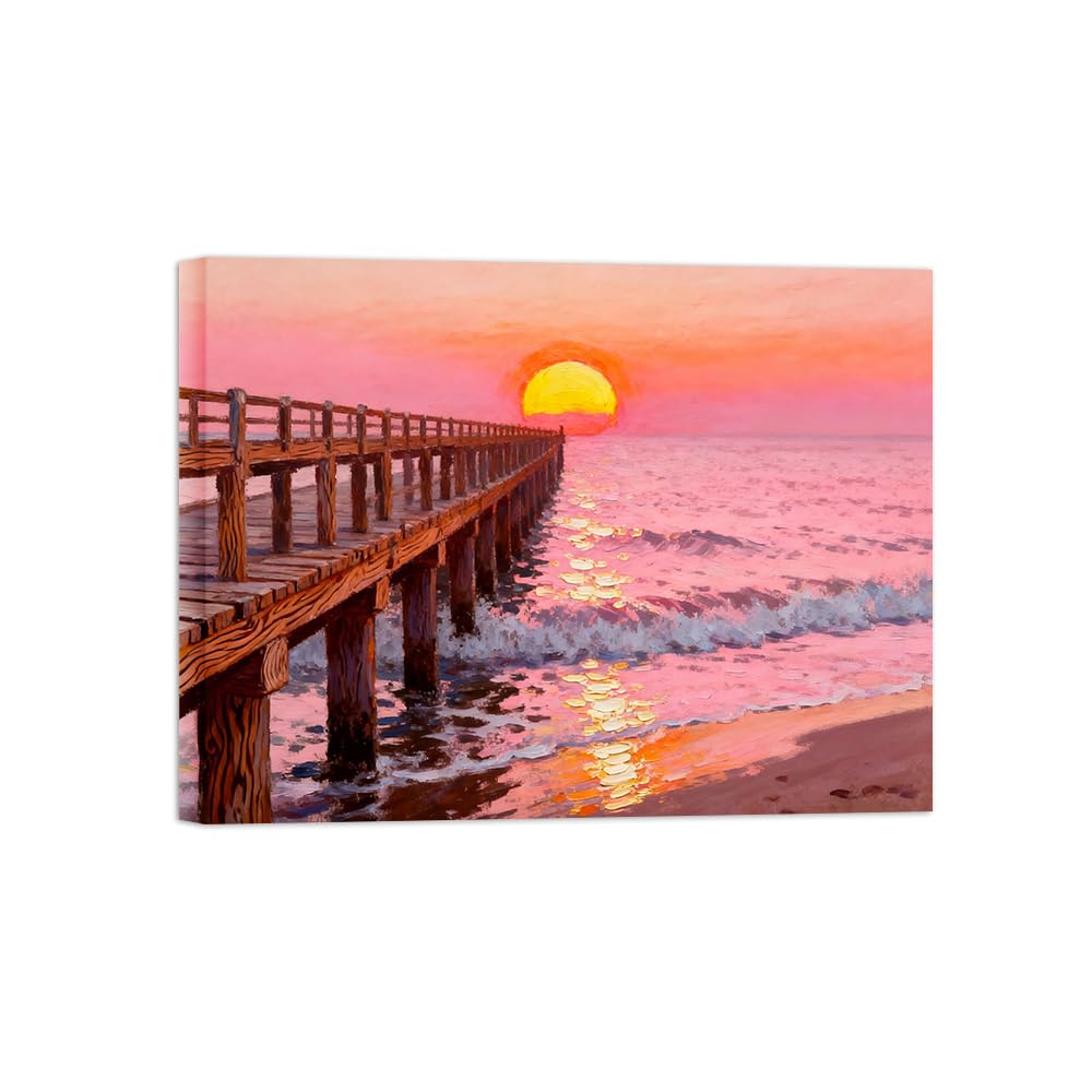 OZPWBVY Beach Bridge Landscape Canvas Wall Art Picture 60x80cm Framed