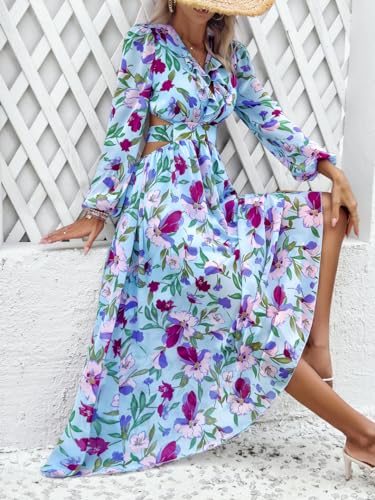 Image of Sister Amy Women's Boho Floral Print Square Neck Beach Party Flowy Ruffle Midi Dress