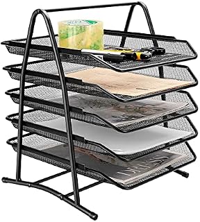 Queiting Mesh Letter Tray 5 Tier Office Filing Trays Holder Desk Tray Organiser Desk Drawer Tray A4 File Storage Mesh Filling Collection (Black)