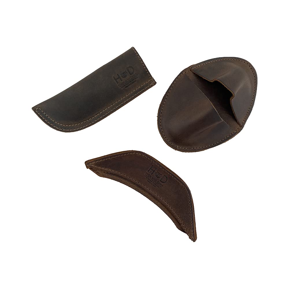Hide & Drink, Set of 3 Rustic Hot Handle Holders, Panhandle, Side Kick & Grip Mitt, Assist Grip for Cast Iron Skillets & Pans, Full Grain Leather, Handmade, Bourbon Brown