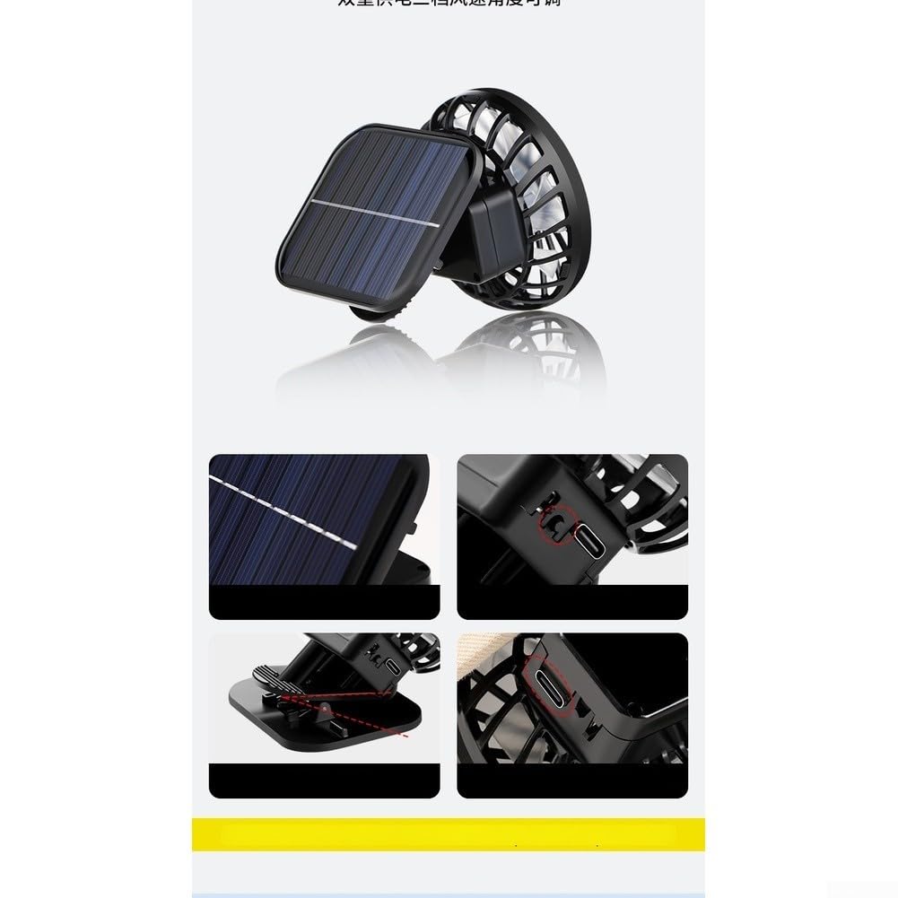 Clip-On-Hut-Ventilator, solarbetrieben, USB, wiederaufladbar für Mini-Kühlung, 3 Geschwindigkeiten, leiser Motor, leichte Klemme für Outdoor, Camping, Wandern, Angeln, Reisen, schwarz, 75 x 65 x 85 mm