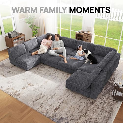 Image of 157 inch Modular Sectional Chenille Sofa bed with Hidden Storage, Comfy Modern 10 Seater Oversized Deep Seat Couch, Modular Sectional with Ottoman and Removable Cover for Living Room, Apartment, Gray