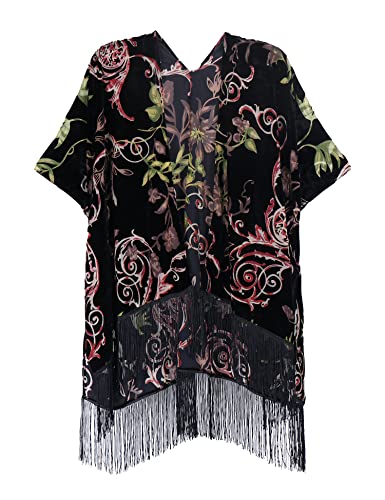 Image of MJ SERECA Women's Burnout Velvet Kimono Cardigan Cover Up with Tassel
