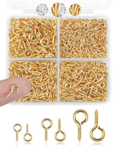 FIVEIZERO 600 pasadores de tornillo pequeños para hacer joyas y manualidades, mini tornillos de ojal para proyectos de arte y abalorios de cuentas, ganchos pequeños y ojos para manualidades (oro y