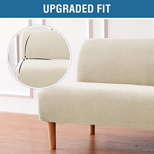 H.versailtex Armless Futon Cover Stretch Sofa Bed Slipcover Protector Elastic Feature Rich Textured High Spandex Small Checks Jacquard Fabric Futon Cover, Machine Washable, Natural #TOP2