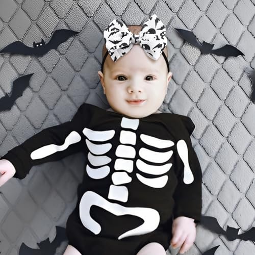 YanJie Halloween Baby Girl Headbands - Pumpkin & Ghost Printed Bows, Nylon, Toddler & Newborn Sizes2