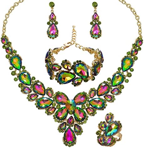 QYJ Women’s Wedding Bridal Austrian Crystal Glass Teardrop Statement Necklace Dangle Earrings Bracelet Ring Wedding Party Jewelry Set for Bridal Bridesmaid (Rainbow-Gold Plated)