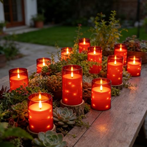 Image of kakoya Flameless LED Candles with Timer 12 Pc Flickering Flameless Candles for Romantic Ambiance and Home Decoration Stable Acrylic Shell,with Embedded Star String,Battery Operated Candles(Red)