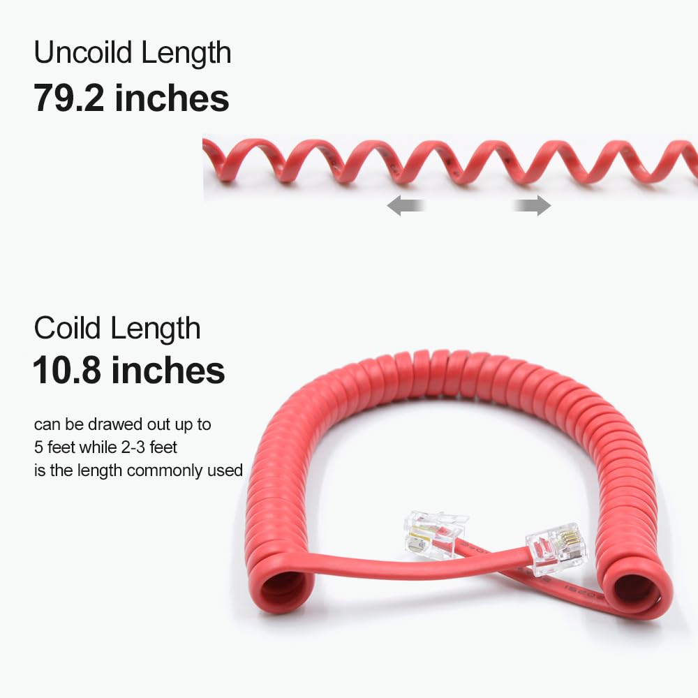 Cables de teléfono sin enrollar de 6.5 pies (enrollados de 1 pie) con conectores RJ9 4P4C para teléfono fijo, rojo, paquete de 2, compatibles universalmente, AV04904
