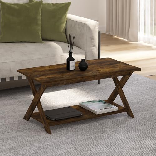 Image of Furinno Modern Simplistic Coffee Table, 2-Tier Rectangle Center Table with Open Shelf and X-Legs, Criss-Crossed Side Table, for Living Room, Bedroom, Home Office, Amber Pine