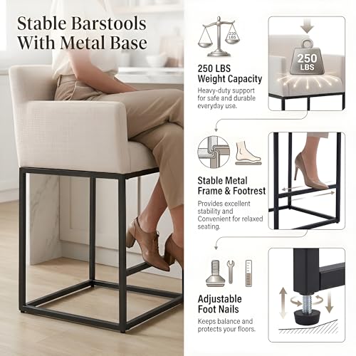 Image of Modern Counter Height Bar Stools Set of 2, Linen Fabric Upholstered Bar Stools with Backs, 26 Inch Kitchen Island Stools with Black Metal Frame, Cream