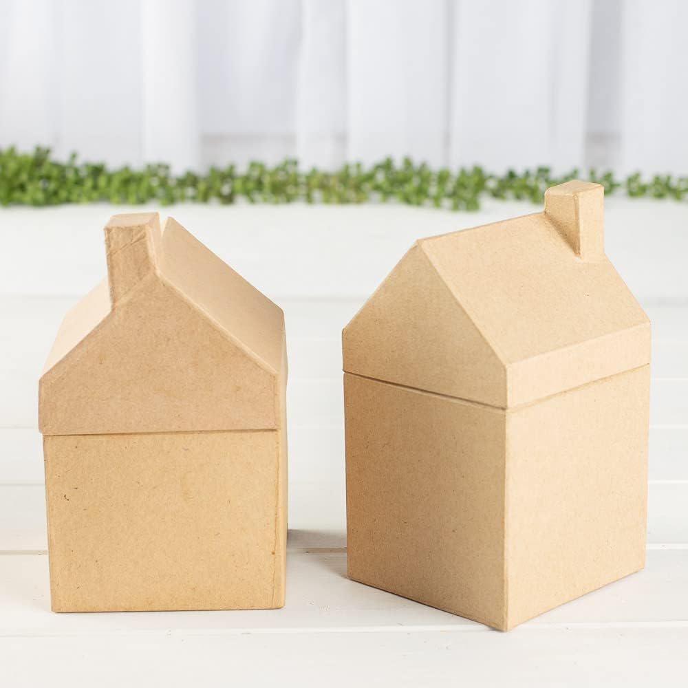 Factory Direct Craft Pack of 2 Paper Mache Houses - Cardboard Papier Mache DIY Gift Boxes Craft, Train Set and Christmas Village Displays (Size: 6-1/4 inch high)