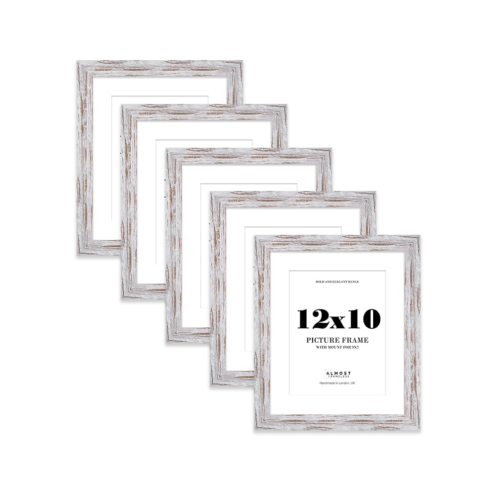 12x10 Distressed Wood Frame With Mount for 9x7 Pictures 28mm Edge Portrait and Landscape Display with Wall Hooks and Kickstand, 5 Pack