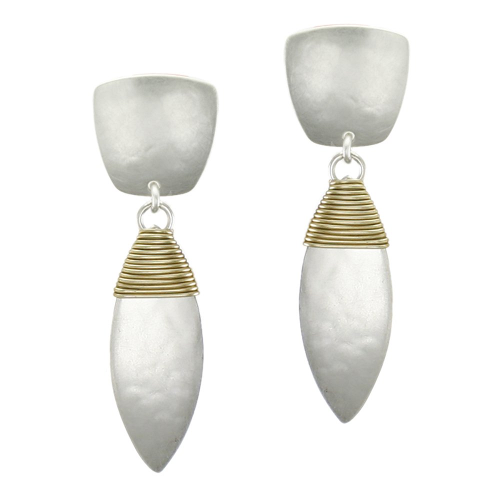 Tapered Square with Wire Wrapped Leaf Clip on Earring in Brass and Silver
