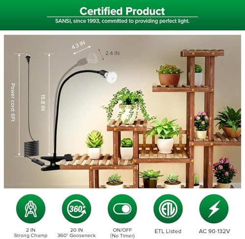 Image of SANSI LED Grow Lights for Indoor Plants, 150W Full Spectrum Gooseneck Clamp Grow Lamp, 10W Power Plant Light with High PPFD for Seeding, Lifetime Free Bulb Replacement Plant Lights for Indoor, 1 Head