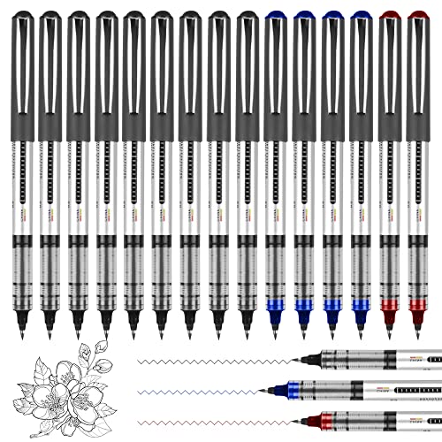 Rollerball Pens 15 Pack 0.5mm Gel Pens black Quick-Drying Ink Rolling Ball Pens Black Liquid Ink Pen for Office Home School (9 Black 4 Blue 2 Red)