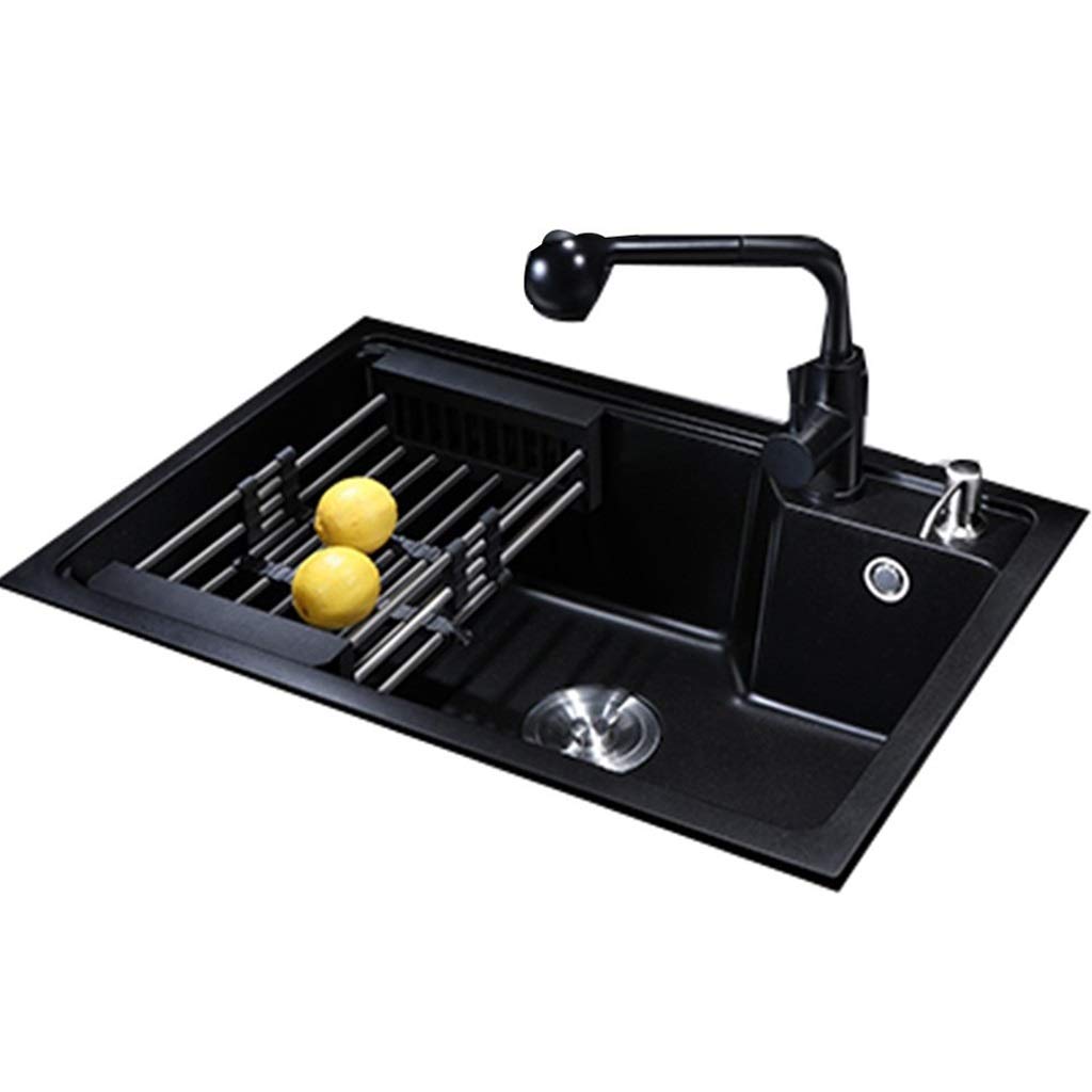 ZQFHSX Kitchen Sinks Fixtures Sink Single Basin Quartz Stone Pool Multi-purpose Cleaning Black Dishwashing (Color : Black, Size 65 * 43cm)