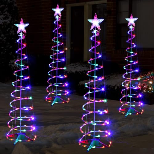 Macarrie 4 Pack 6 Ft Spiral Christmas Trees Lights Outdoor Lighted Christmas Tree 125 Colorful LEDs Plug in Christmas Outdoor Decorations Tree for Xmas Yard Garden Patio Indoor Decor(Classic Color)