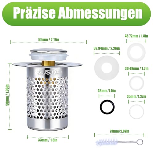 Yisphere Pack of 2 Sink Plugs, 304 Stainless Steel Pop-Up Drain Strainer, Drain Plug with Strainer, 10 Sealing Rings, 2 Cleaning Brushes, Fits Various Drain Openings (34-58 mm) — view 2