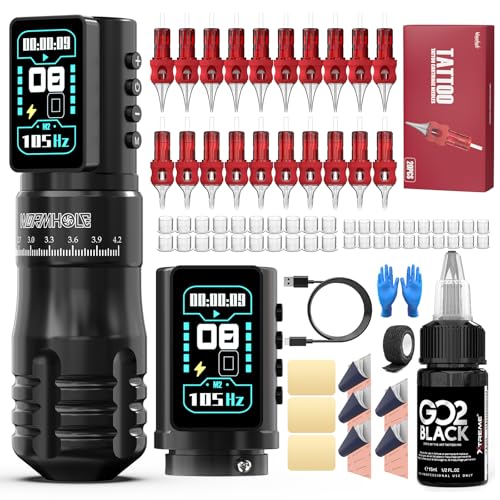 Wormhole Tattoo Gun Kit Xtreme Tattoo Ink Aluminum Alloy Wireless Tattoo Machine with 2Pcs 2300mAh Battery Adjustable Tattoo Pen Rotary Complete Professional Tattoo Kit for Artists - Black