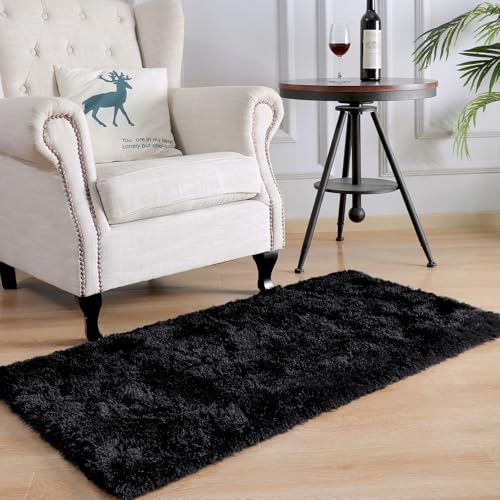 HOMORE Runner Rug 2x4 Black Rug for Bedroom, Fluffy Runner Rugs for Hallway Bedside, Long Rugs for Living Room Kids Room, Soft Carpet for Dorm Indroor Entrance