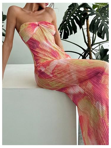 Floerns Women's Strapless Tie Dye Twist Front Tube Vacation Wedding Guest Maxi Dresses3