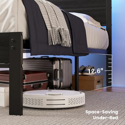 Image of Twin Size Bed Frame with LED Lights and USB Charging Station | Black Metal Platform Bed with Storage Headboard, Noise Free, No Box Spring Needed, Easy Assembly