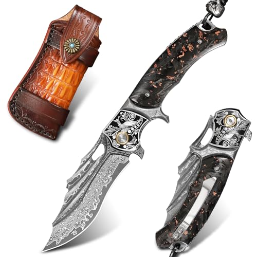 Men's Folding Pocket Knife，8.6" Damascus Steel Folding Knife，Comes with a