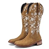 MissFox Cowboy Boots for Women Knee High Square Toe Cowgirl Boots Brown Western Style Embroidery Chunky Heel High Boots