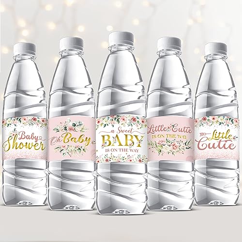 Colarr 72 Pcs Pink Baby Shower Water Bottle Labels Pink Gold Flower Water Bottle Wrappers Stickers Waterproof Self Adhesive Label for Girls Gender Reveal Birthday Baby Shower Party Decoration Supplies