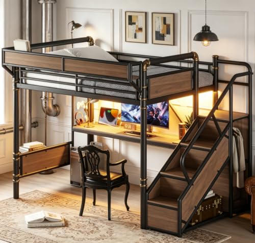 Image of Bellemave Full loft Bed with Storage Stairs, Wardrobe, Shelves, Metal Full Loft Bed Frame for Adults, Kids, Teens, Black+Natural Wood with Black Stairs