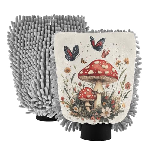 STAYTOP Mushrooms and Daisy Butterflies Car Wash Mitt Microfiber, 2Pcs Scratch Free Lint-Free, Premium Chenille Microfiber Mitt Car Wash Brush-M