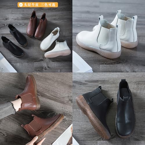 AngryMonkey Women's Leather Chelsea Elastic Ankle Boots,Fall/Winter Comfort Pull-on Ox Softsole Casual Dress Flat Short Booties3