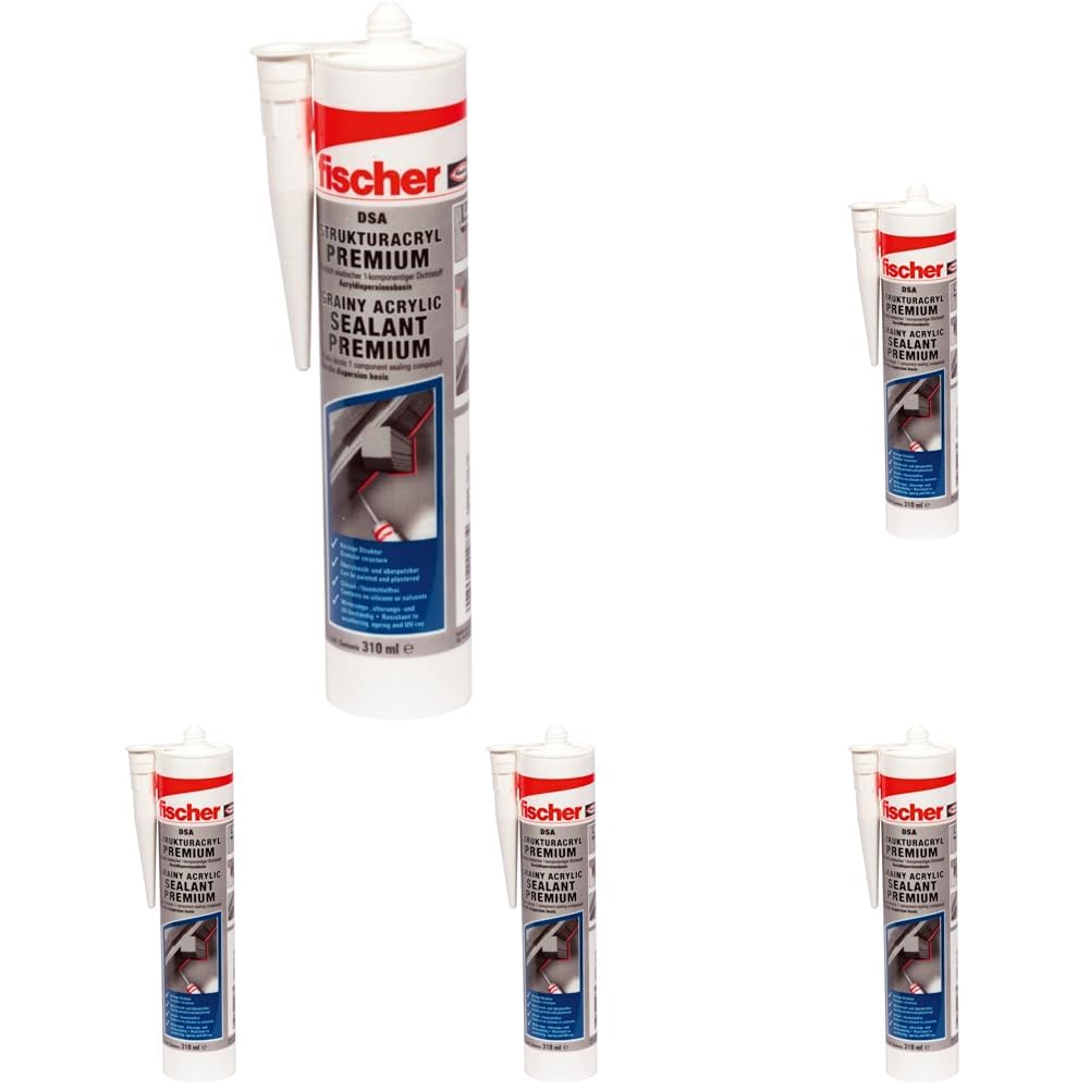fischer Strukturacryl Premium DSA, körnige Dichtmasse, Riss- & Füllspachtel für den Innen- und Außenbereich, Fugenmasse für Ausbesserungen rauer Oberflächen, 310 ml, weiß (Packung mit 5)