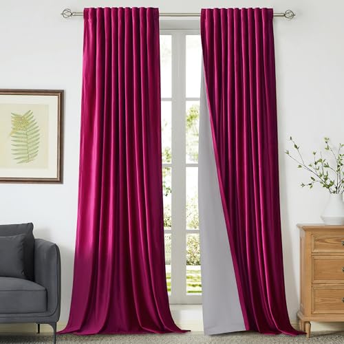 Image of 100% Full Blackout Hot Pink Velvet Curtains - 90 inch Long for Living Room & Bedroom, Set of 2 Liner Rod Pocket Back Tab Thermal Window Curtains, Room Darkening Heavy Decorative Drapes