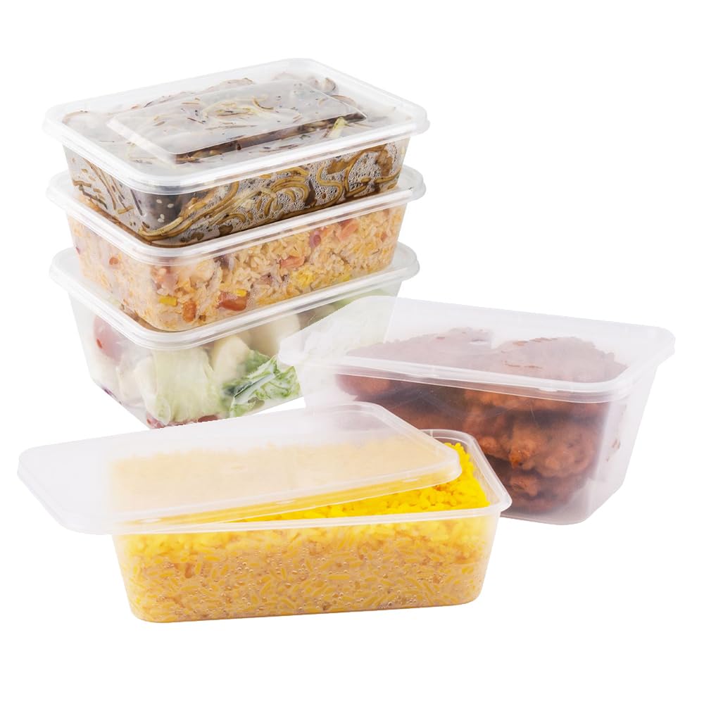 Bag Market | 50 x Plastic Food Containers with Lids - 750ml / 26oz - Takeaway, Microwave, Freezer Safe, Boxes, Tubs, Meal Prep