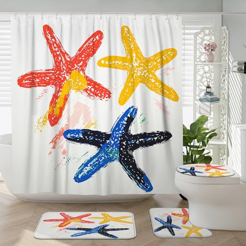 DESIHOM 4PCS Cartoon Coastal Starfish Shower Curtain Sets with Non-Slip Rug, U Shape and Toilet Lid Cover Mat, Funny Sea Stars Kid Home Decor, Bathroom Accessory with 12 Hooks