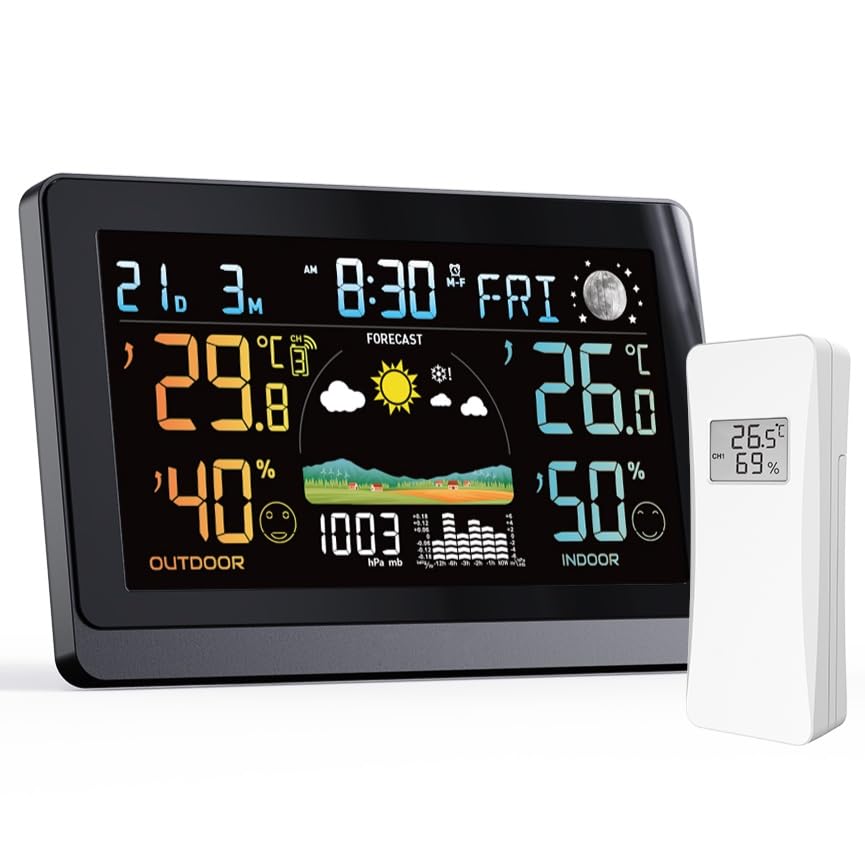 2025 Versionen 7,5 Zoll Wetterstation funk mit Außensensor VA-Display Kabellos DCF Funkuhr Wetter station mit Farbdisplay Empfangssignal Funkuhr Innen und Außentemperatur mit DC Netzteil Schwarz