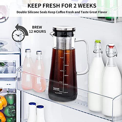 Timcook Cold Brew Coffee Maker, Iced Coffee Maker Glass Iced Tea Maker With Easy To Clean Removable Stainless Steel Filter 1.2L/42Oz Glass Pitcher With Spout For Iced Coffee And Tea #TOP5
