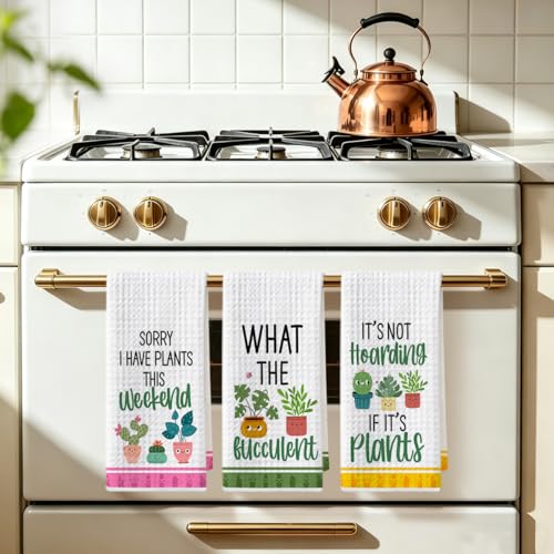 Image of 3 Pcs Funny Kitchen Towels, Plant Lover Gifts for Women Gardener Mom, Succulent Cactus Plant Gifts Dish Towel, Leaves Waffle Weave Hand Tea Towels for Kitchen Home Farmhouse Decor-24x14 Inch