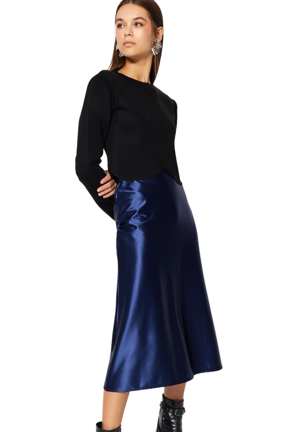 TRENDYOL Women's Damen Gerade Midi Eine Linie Rock Skirt, Indigo, XL