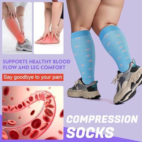 Image of 4 Pairs Plus Size Compression Socks,Extra Wide Calf 20-30 mmHg Knee High Compression Socks for Men Women Circulation