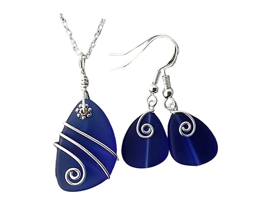 Handmade in HawaiiWire wrapped cobalt blue sea glass NecklaceEarrings Set gift boxbeach glass necklacesea glass earrings sea glass jewelryHawaiian