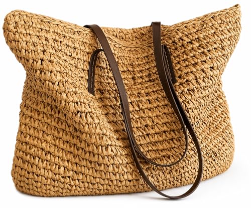 Large Beach Bag for Women | Woven Straw Tote Bag with Zipper & Inner Lining | Oversized Shoulder Handbag | Summer Beach Tote | Vacation Travel Bag | Pool Resort Shopping Picnic Carry Bag (Beige #2)