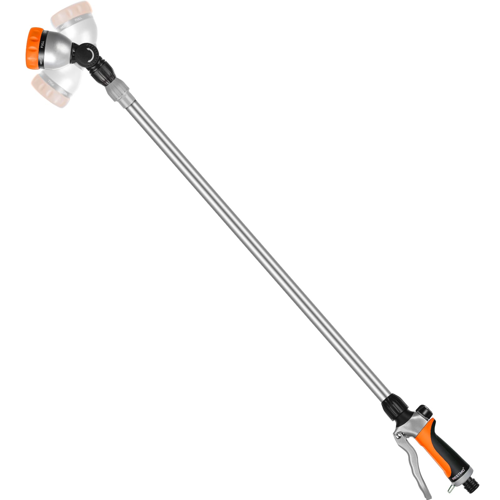 RESTMO Bacchetta per irrigazione in metallo, 91-152 cm, tubo telescopico lungo, testa a cricchetto regolabile a 180°, 7 modalità di spruzzo, controllo del flusso, spruzzatore per tubo da giardino per